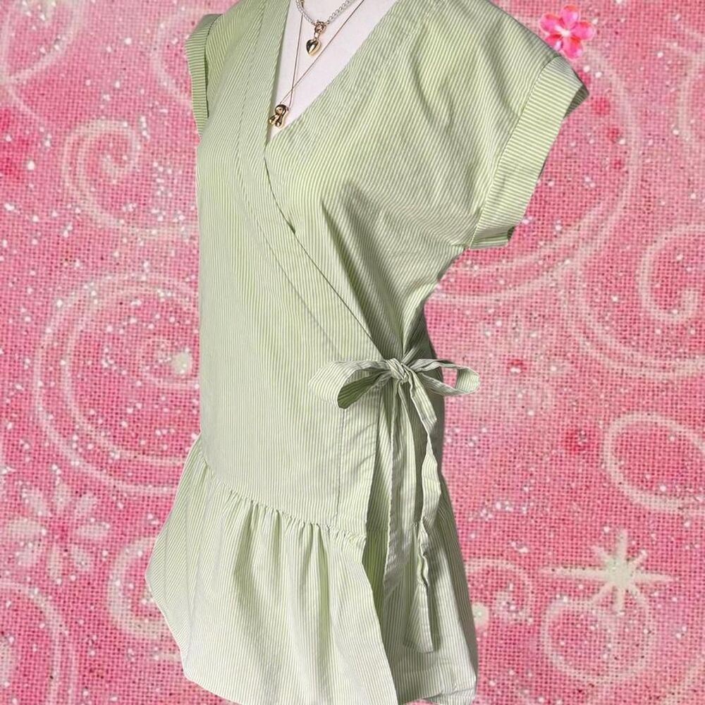 Green and White Boutique Striped Tiered Wrap Dress with Bow